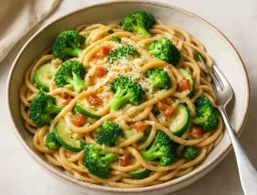 Romige carbonara met een lichte, voedzame twist boordevol groenten