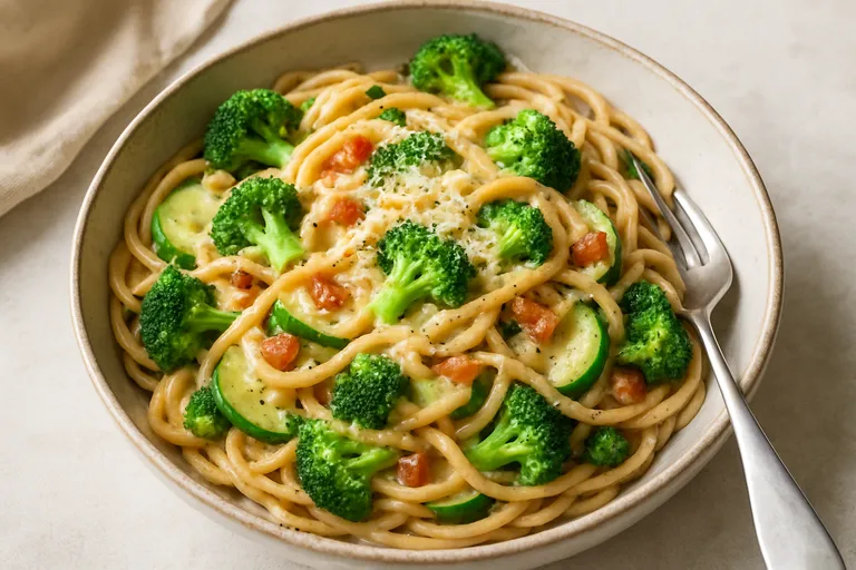 Romige carbonara met een lichte, voedzame twist boordevol groenten