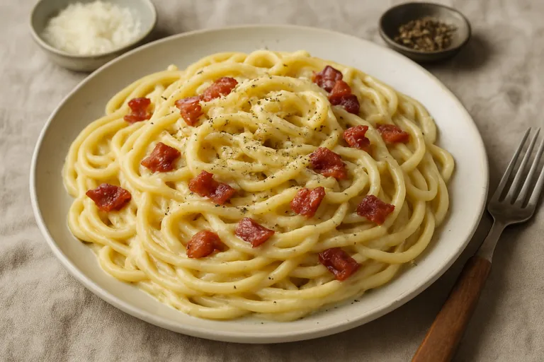 Romige pasta op z'n carbonara, maar dan zonder ei
